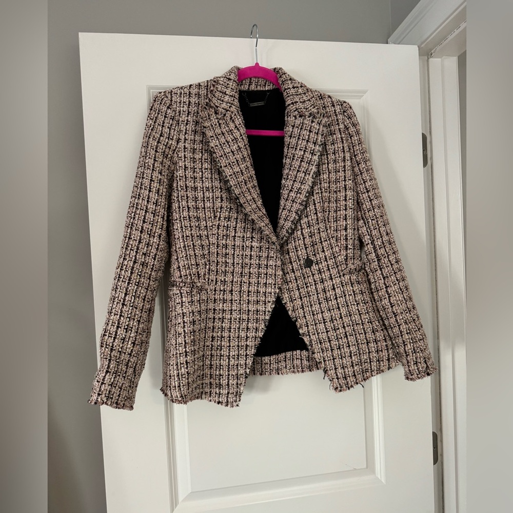 Elie Tahari Jezebel Tweed Frayed Trim Plaid Jacket Size 2 - Picture 4 of 10